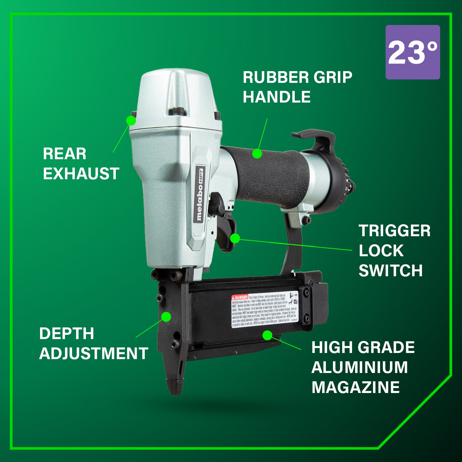 The METABO HPT NP50A 23 Gauge 2 Inch Pro Pin Nailer by Go Build features dry-fire lockout, rear exhaust, depth adjustment, rubber grip handle, trigger lock switch, and a high-grade aluminum magazine on a green background.