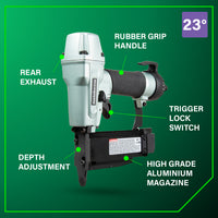 The METABO HPT NP50A 23 Gauge 2 Inch Pro Pin Nailer by Go Build features dry-fire lockout, rear exhaust, depth adjustment, rubber grip handle, trigger lock switch, and a high-grade aluminum magazine on a green background.