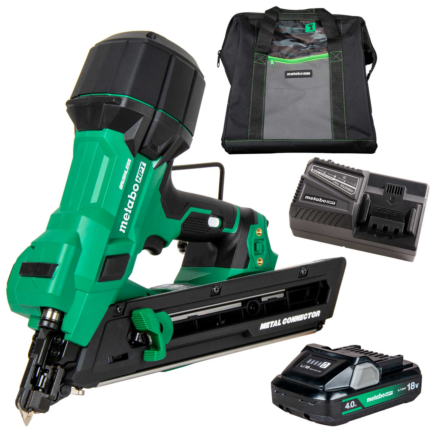 The Go Build Metabo HPT NR1838DKA 18V MultiVolt Brushless 1-1/2" Metal Connector Nailer kit, with a battery, charger, and carrying bag, is shown on a white background.