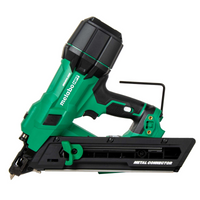 A green and black Go Build Metabo HPT NR1838DKA 18V MultiVolt Brushless 1-1/2" Metal Connector Nailer (1x4.0Ah) is shown from the side against a white background, offering cordless power for precise metal connector fastening jobs.