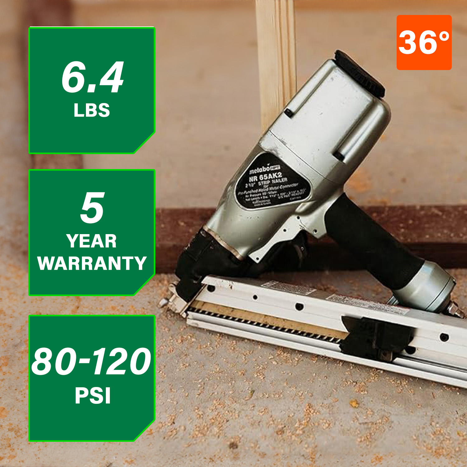 A Metabo HPT NR65AK2 36° 2-1/2" Strap-Tite® Metal Connector Nailer by Go Build sits on wood. Green boxes show specs: 6.4 lbs, 5-year warranty, 80–120 PSI. An orange box highlights its 36-degree angle.