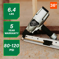 A Metabo HPT NR65AK2 36° 2-1/2" Strap-Tite® Metal Connector Nailer by Go Build sits on wood. Green boxes show specs: 6.4 lbs, 5-year warranty, 80–120 PSI. An orange box highlights its 36-degree angle.