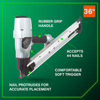 Go Build Metabo HPT NR65AK2 36° 2-1/2" Strap-Tite® Metal Connector Nailer: rubber grip handle, soft trigger, holds 44 nails, nail protrudes for accurate placement. Green background, red 36° label top right.