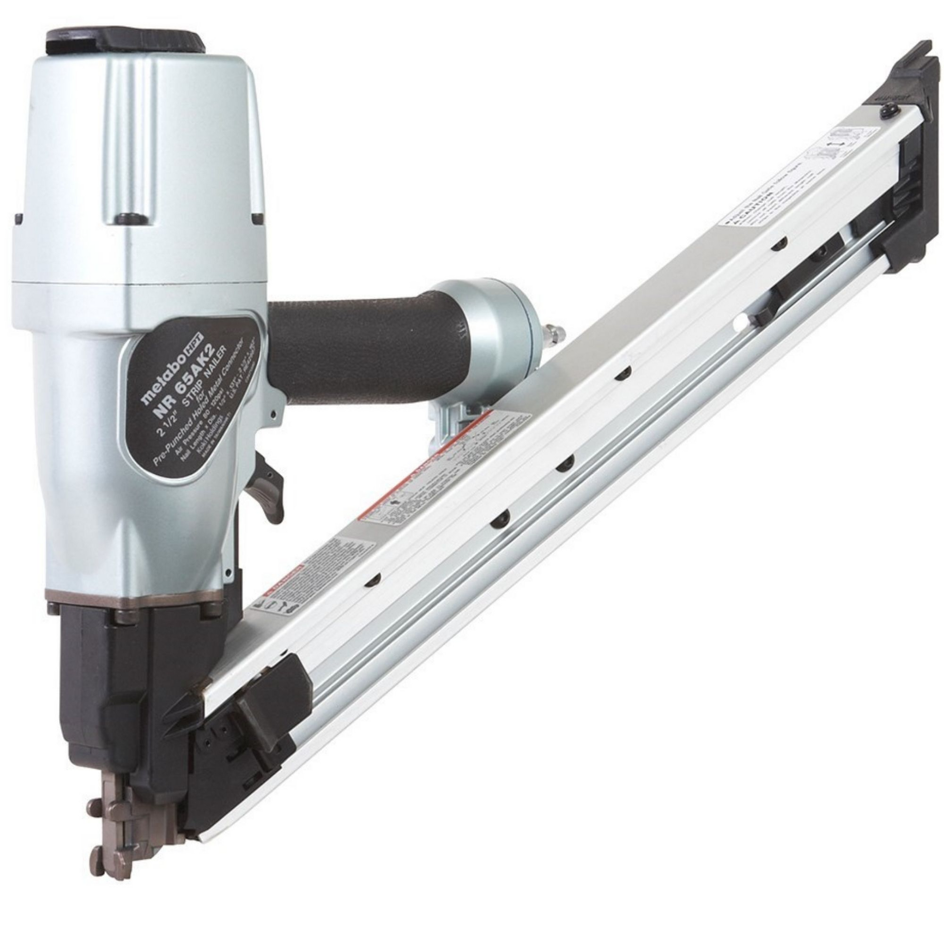 The Metabo HPT NR65AK2, a 36-degree 2-1/2" Strap-Tite® Metal Connector Nailer by Go Build, features a long magazine and is ideal for heavy-duty construction with pre-punched hole fasteners.
