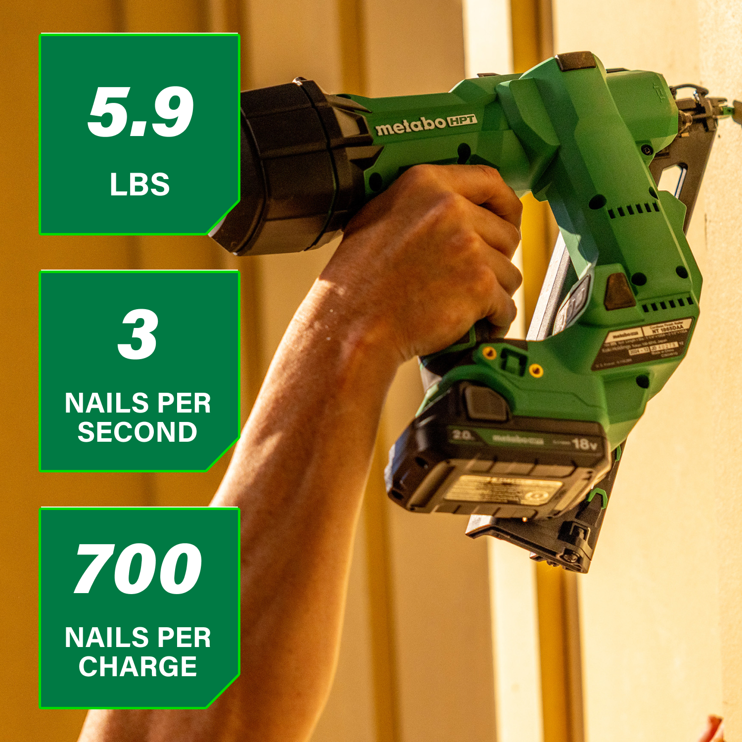 Someone uses the Metabo HPT NT1865DAA 18V MultiVolt™ Brushless Pro 15-GA Angled Finish Nailer by Go Build for woodwork—just 5.9 lbs, it drives 3 nails/sec, fires up to 700 per charge, and works with the MultiVolt System for versatility.