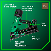The Metabo HPT NT1865DAA 18V MultiVolt™ Brushless Pro 15-GA Angled Finish Nailer by Go Build offers air spring drive, easy switch functions, belt hook, zero ramp up, tool-less depth adjustment, and clearly labeled 15GA in the top right.