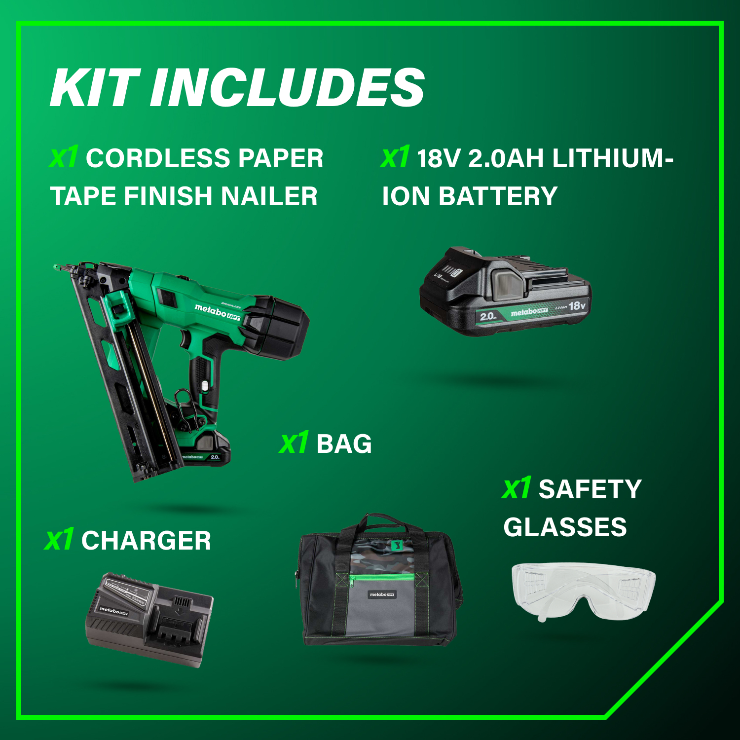 The Go Build Metabo HPT NT1865DAA 18V MultiVolt™ Brushless Pro 15-GA Angled Finish Nailer kit includes a 2.0Ah battery, bag, charger, and safety glasses—all displayed on a green background.