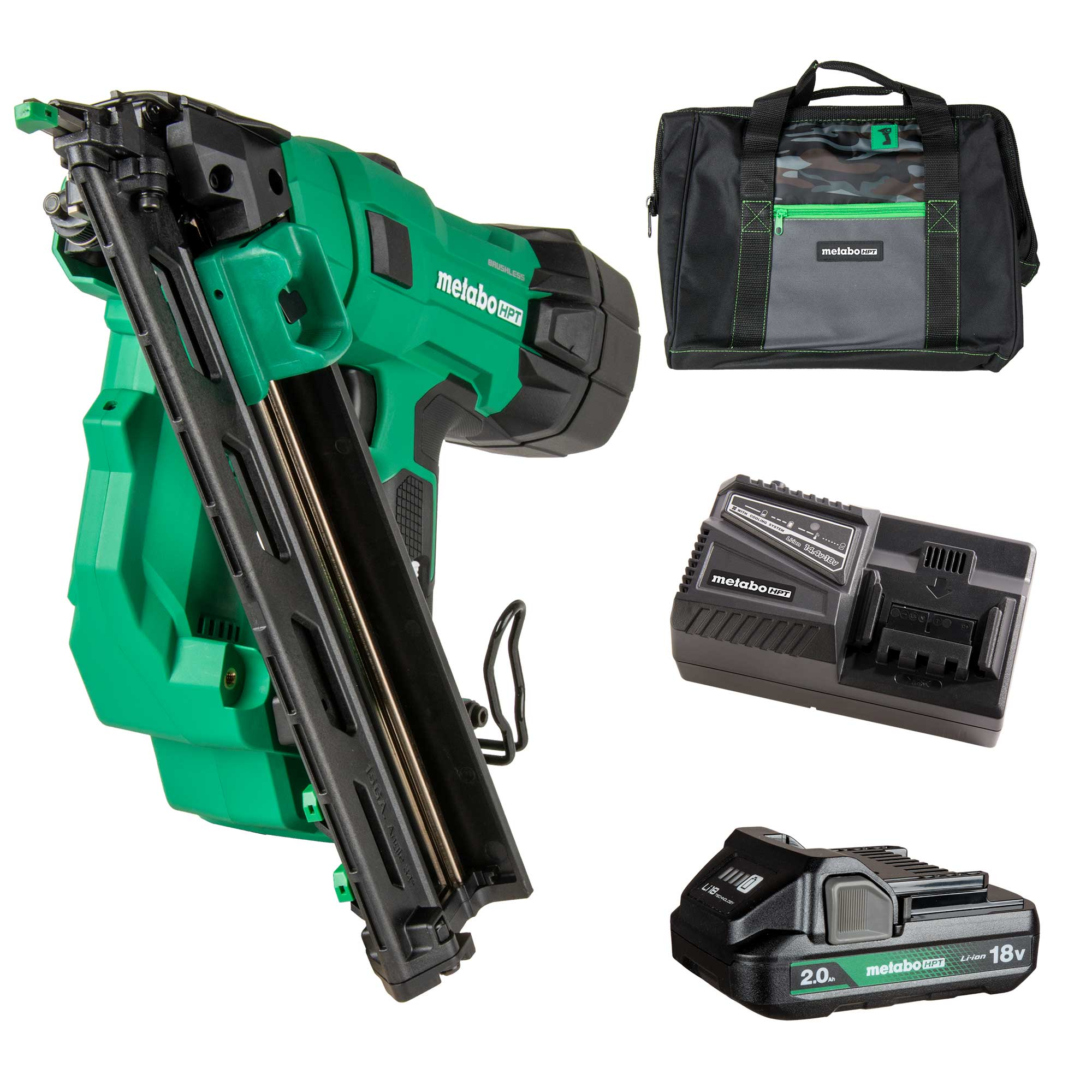 The Go Build Metabo HPT NT1865DAA 18V MultiVolt™ Brushless Pro 15-GA Angled Finish Nailer (1x2.0Ah) is displayed with its battery, charger, and a black carrying bag, all neatly arranged on a white background.