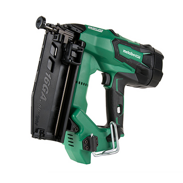 The NT1865DM 2-1/2" 18V Brushless Lithium Ion 16Ga Straight Finish Nailer by Go Build features a green/black design, ergonomic handle, trigger, nail magazine, metal belt hook, and advanced brushless motor for efficient performance. Canada only.