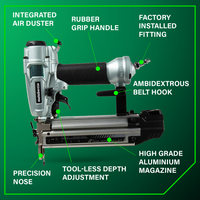 The Go Build Metabo HPT NT50A5 2 Inch 18 Gauge Pro Brad Nailer offers a cordless design, integrated air duster, rubber grip, ambidextrous belt hook, tool-less depth adjustment, and an aluminum magazine—perfect for trim and finish work.