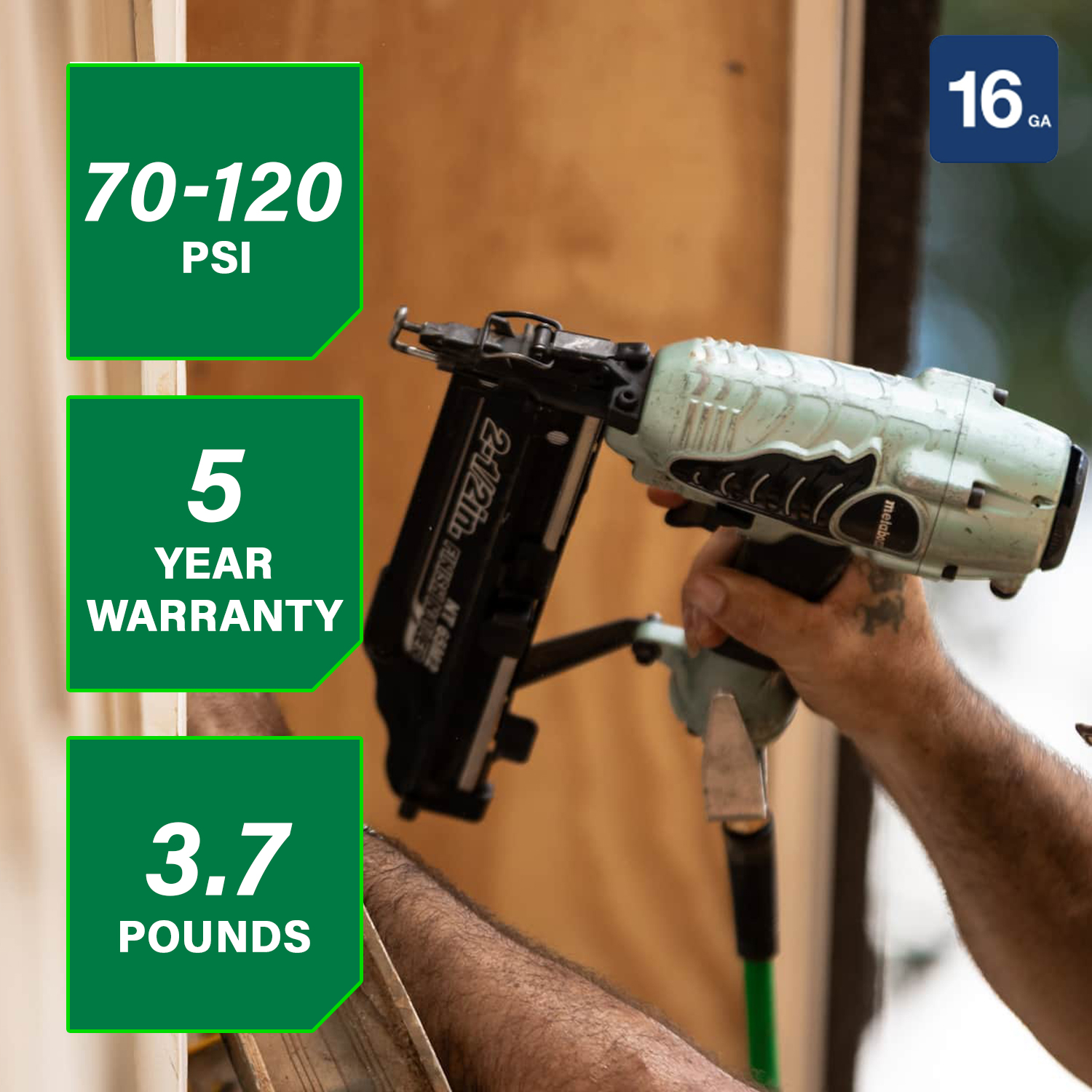 A person uses the Metabo HPT NT65M2S 16 Gauge Finish Nailer by Go Build, The Fastest Way To Build, on wood. Text reads: 70-120 PSI, 5 year warranty, 3.7 lbs. Blue label shows 16 GA—ideal for finish nails and features an air duster.