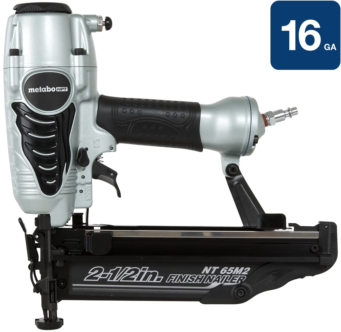 A Metabo HPT NT65M2S 2-1/2 inch 16 Gauge Finish Nailer by Go Build, The Fastest Way To Build, is shown in silver and black with a textured grip, rear air hose connector, and a 16 gauge label in the top right corner.