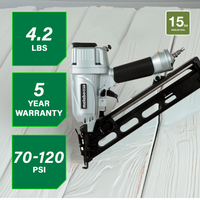 A Metabo HPT NT65MA4 2-1/2" 15 gauge angled finish nailer by Go Build, The Fastest Way To Build, is shown on a white wooden surface. Specs: weighs 4.2 lbs, 5-year warranty, 70-120 PSI operating range, uses 15 gauge angled nails.