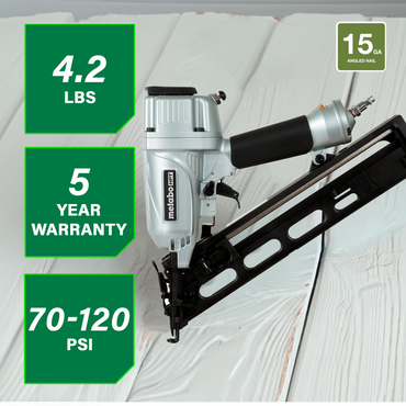 A Metabo HPT NT65MA4 2-1/2" 15 gauge angled finish nailer by Go Build, The Fastest Way To Build, is shown on a white wooden surface. Specs: weighs 4.2 lbs, 5-year warranty, 70-120 PSI operating range, uses 15 gauge angled nails.