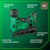 A green and black Metabo HPT NV1845DA 18V MultiVolt™ Brushless 1-3/4" Coil Roofing Nailer with air spring drive, lithium-ion battery, selective actuation switch, easy fastener installation, and a "16°" symbol at the top right.