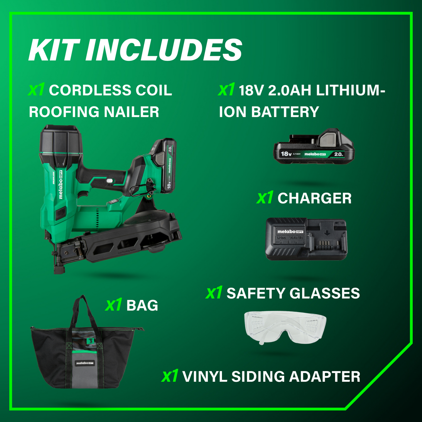 Kit includes the Metabo HPT NV1845DA 18V MultiVolt™ Brushless 1-3/4" Coil Roofing Nailer, 2.0Ah battery, charger, bag, safety glasses, and vinyl siding adapter—all by Go Build on a green gradient background with clear product images.