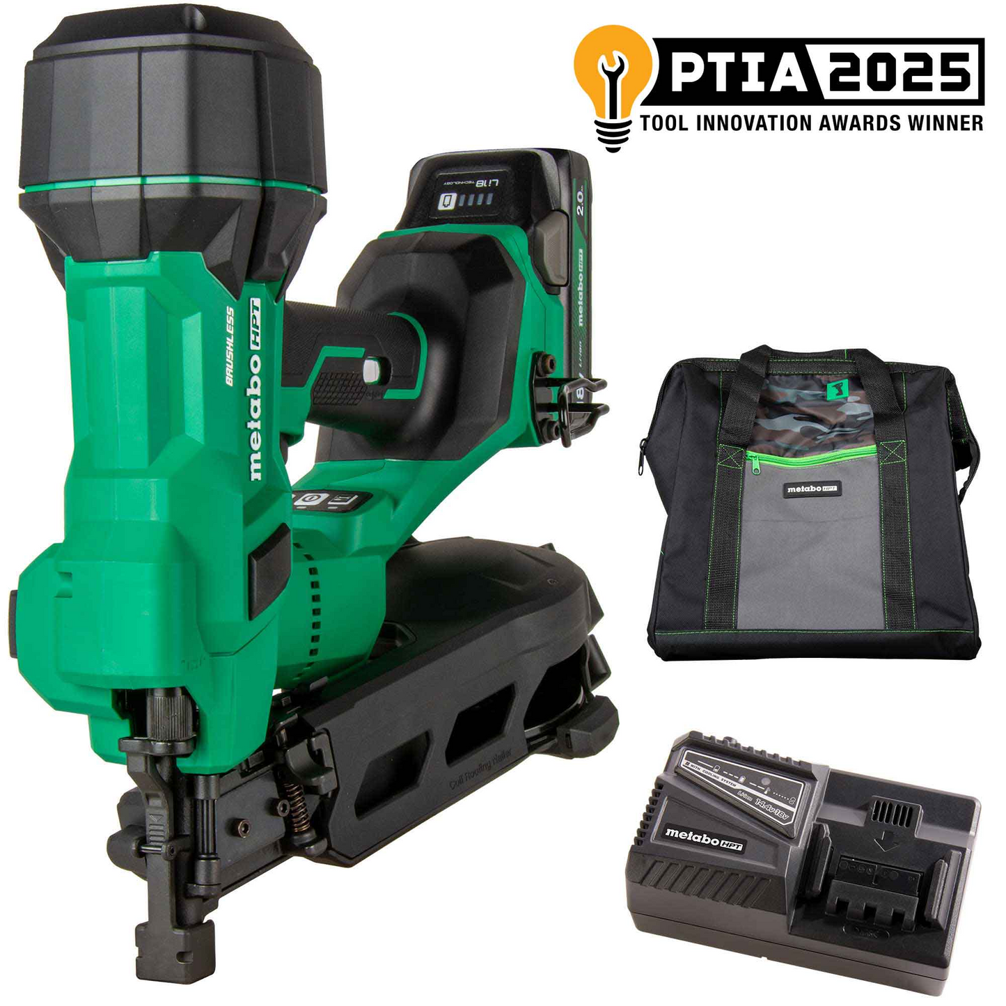 The Go Build Metabo HPT NV1845DA 18V MultiVolt™ Brushless 1-3/4" Cordless Coil Roofing Nailer (with 2.0Ah battery, charger, carrying bag) features green and black design and a PTIA 2025 Tool Innovation Award badge in the top right corner.