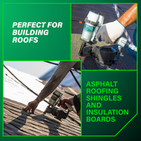 A person uses the Metabo HPT NV45AB2 1-3/4 Inch Coil Roofing Nailer by Go Build, The Fastest Way To Build, to install asphalt roofing shingles and insulation boards. Text: “Perfect for building roofs.”.