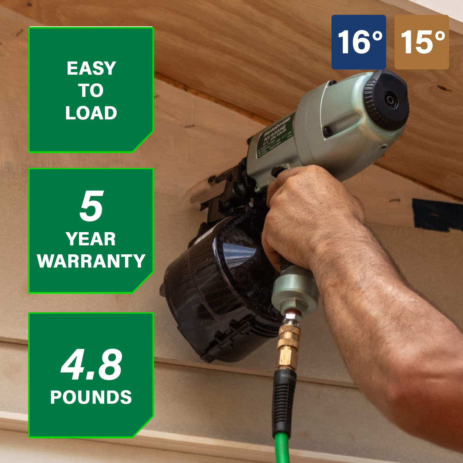 A person uses the Go Build 2-1/2 Inch Coil Siding Nailer (Metabo HPT NV65AH2) to attach wood boards. Left boxes: Easy to load, 5-year warranty, lightweight at 4.8 lbs. Top right: Available in 16° and 15° angle options for siding jobs.