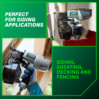 Collage of a person using the Metabo HPT NV65AH2 2-1/2 Inch Coil Siding Nailer by Go Build, The Fastest Way To Build. Ideal for siding, sheathing, decking & fencing. Wearing blue/gray gloves, working on outdoor wood siding.