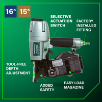The Go Build 2-1/2 Inch Coil Siding Nailer | Metabo HPT NV65AH2 in green and silver features 16°/15°, selective actuation, factory-installed fitting, tool-free depth adjustment, added safety, and easy-load magazine against a green background.