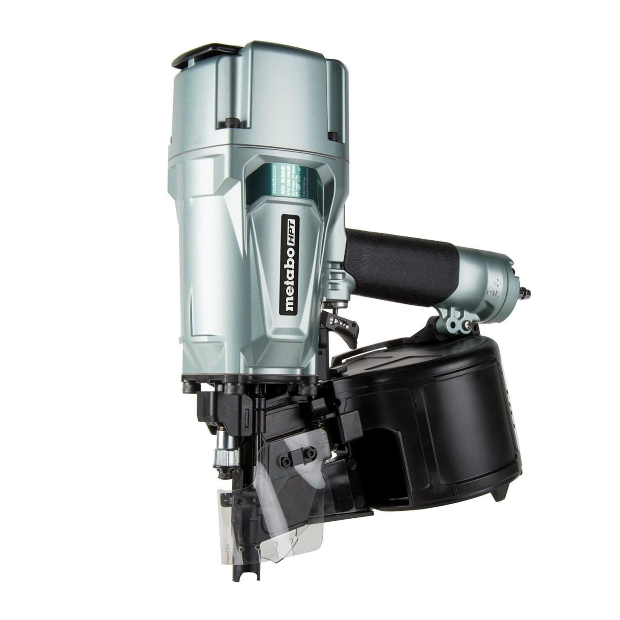 The Go Build Metabo HPT NV83A5 3-1/4 Inch Coil Framing Nailer features a cylinder valve drive system, coil nail magazine, and textured grip in a compact silver and black design—ideal for construction projects.