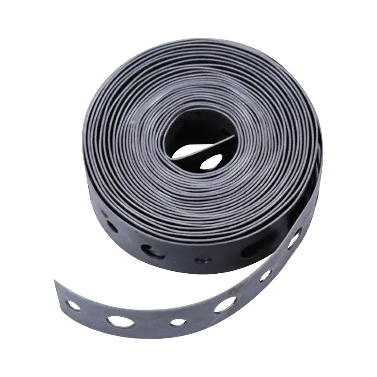 A Go Build 3/4 in. x 100 ft. 28 GA Galvanized Pipe Hanger Strap, partially unrolled, lies on a white background next to black drip irrigation tubing with evenly spaced holes for secure installation.