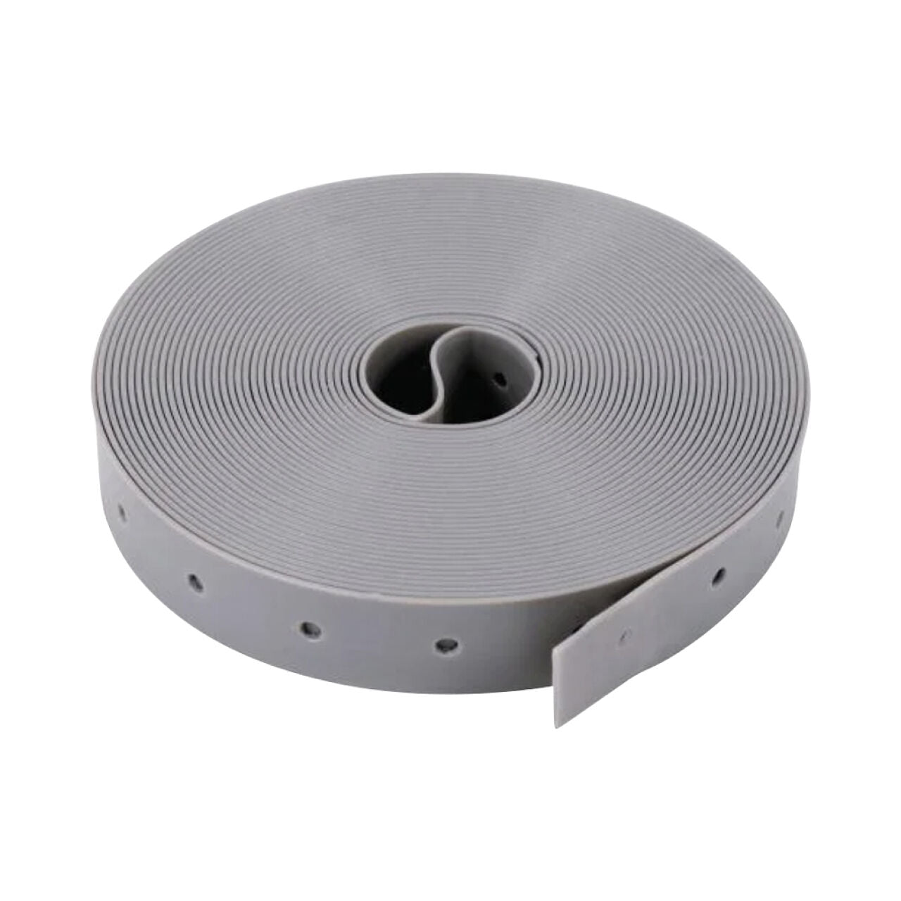 A coiled gray Go Build 3/4 in. x 100 ft. Plastic Pipe Hanger Strap with evenly spaced holes along one edge is displayed on a white background.