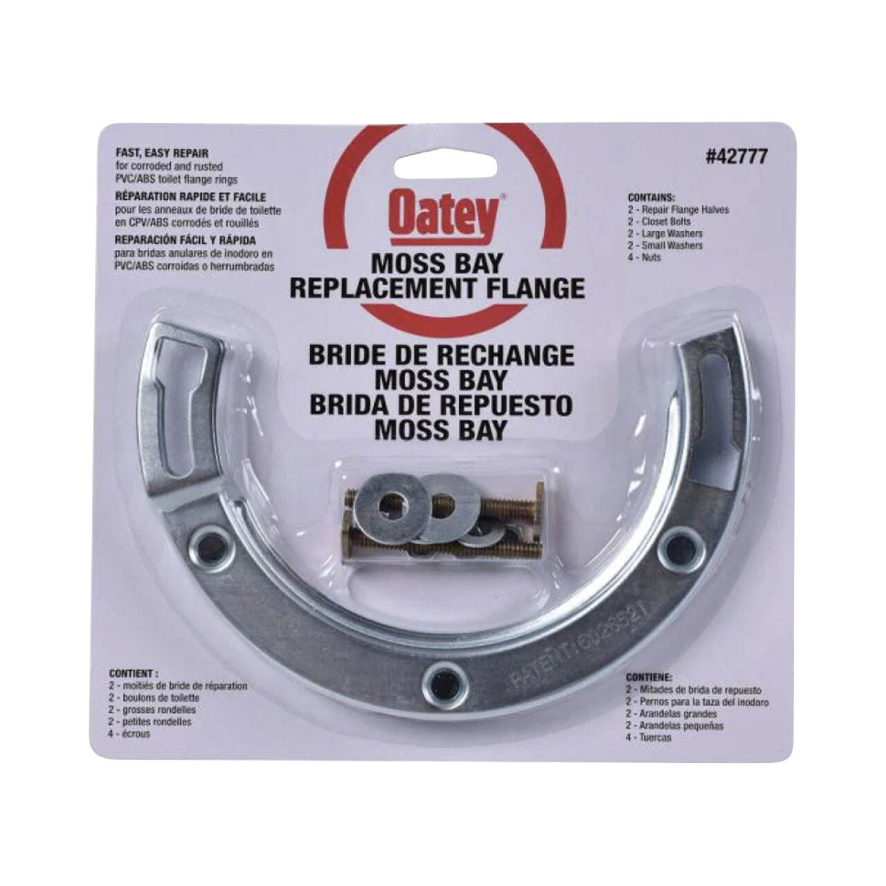 A packaged Go Build 7 in. Stainless Steel Toilet Flange Replacement Ring includes a stainless steel ring, two bolts, and two nuts, with product details in English, French, and Spanish. From Go Build, The Fastest Way To Build.