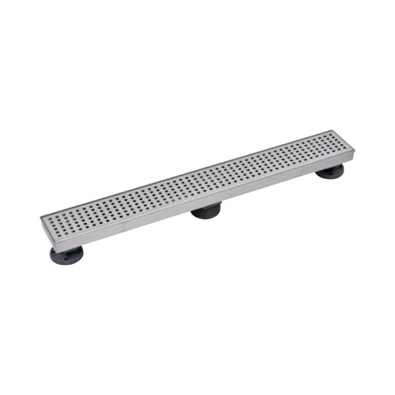 The Go Build 24 in. Designline Stainless Steel Linear Shower Drain features a square pattern drain cover and three black adjustable legs, shown isolated on a white background.