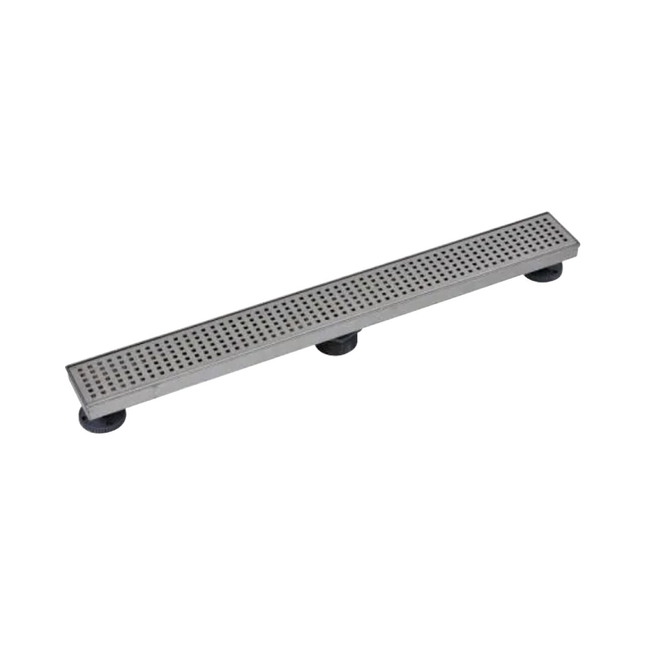 The Go Build 28 in. Designline Stainless Steel Linear Shower Drain with Square Pattern Drain Cover features small perforations and sits elevated on three short round black feet, ideal for efficient water drainage in showers or wet areas.