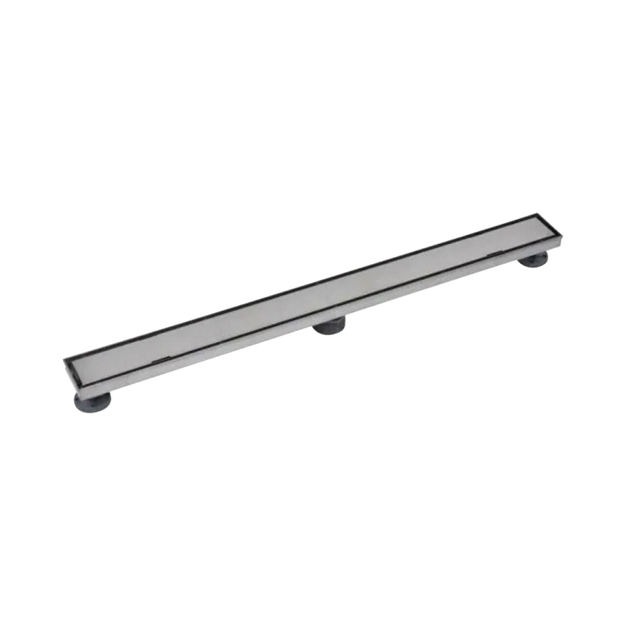 The Go Build 36 in. Designline Stainless Steel Linear Shower Drain features a tile-in pattern drain cover, flat surface, and three round legs—ideal for showers or wet areas.