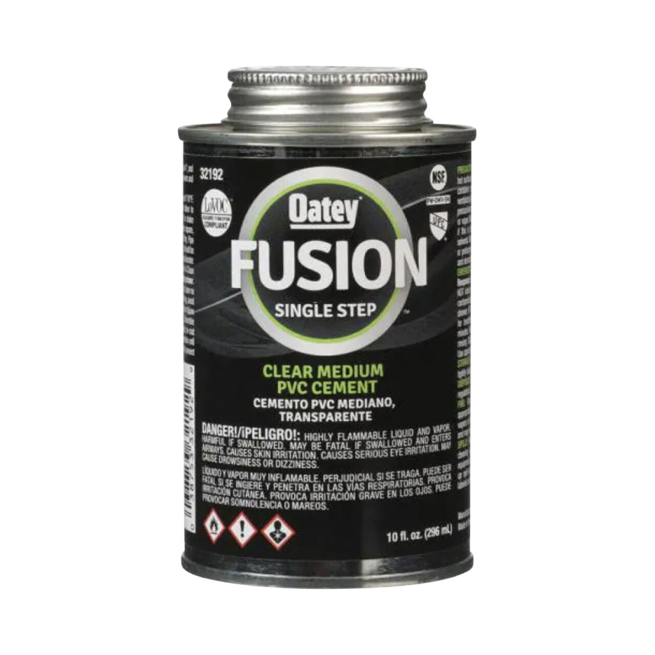 A 10 oz. can of Go Build Fusion One-Step Clear PVC Cement with brush cap features hazard warnings and usage instructions on the label. Ideal for quickly and securely joining PVC pipes; The Fastest Way To Build.
