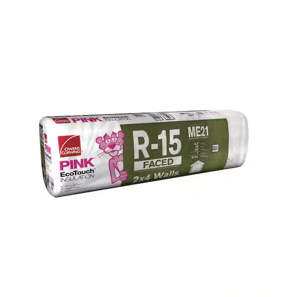 A roll of Owens Corning R15 15 in. x 93 in. Kraft Faced Fiberglass Insulation Batt (68 sq ft) for 2x4 walls; packaging is green and white with the Pink Panther mascot, featuring recycled content.