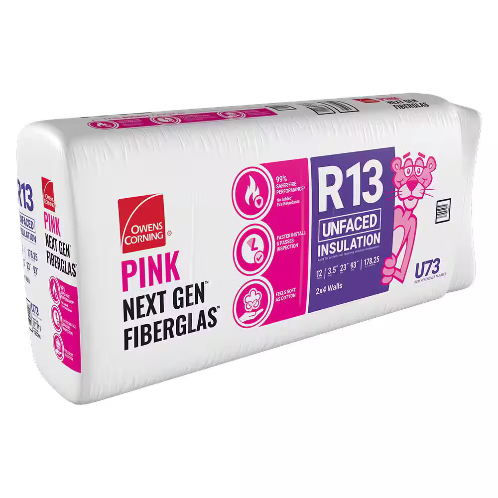 The Owens Corning R13 23 in. x 93 in. Unfaced Fiberglass Insulation Batt (178 sq. ft.) is ideal for 2x4 walls, offering thermal protection, fire resistance, and sound absorption—featuring the Pink Panther mascot.