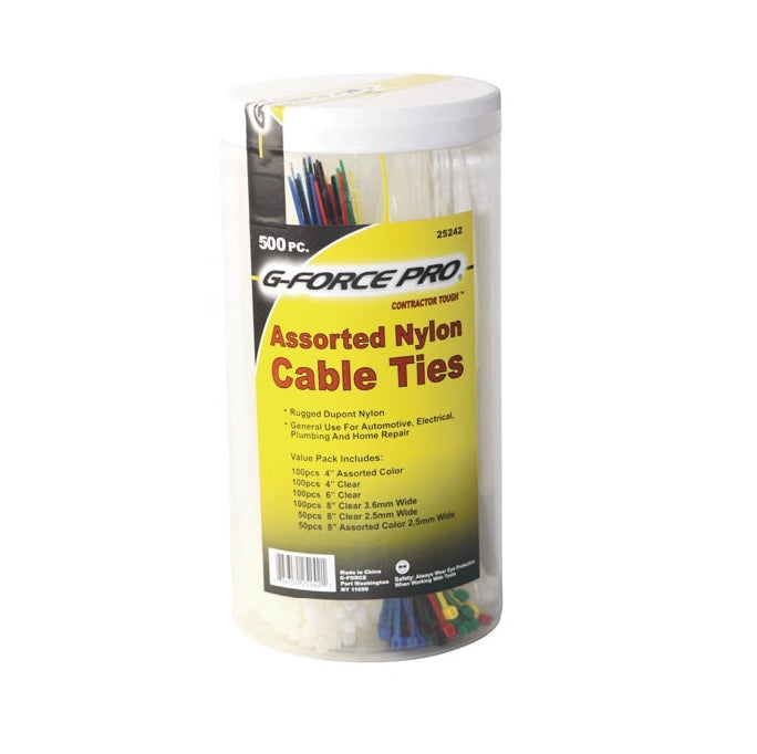A clear canister labeled G-FORCE 25242 Assorted Nylon Cable Ties (500/Pk) by G FORCE holds 500 multicolor cable ties in various sizes. The label details uses, package contents, and cable management tips.