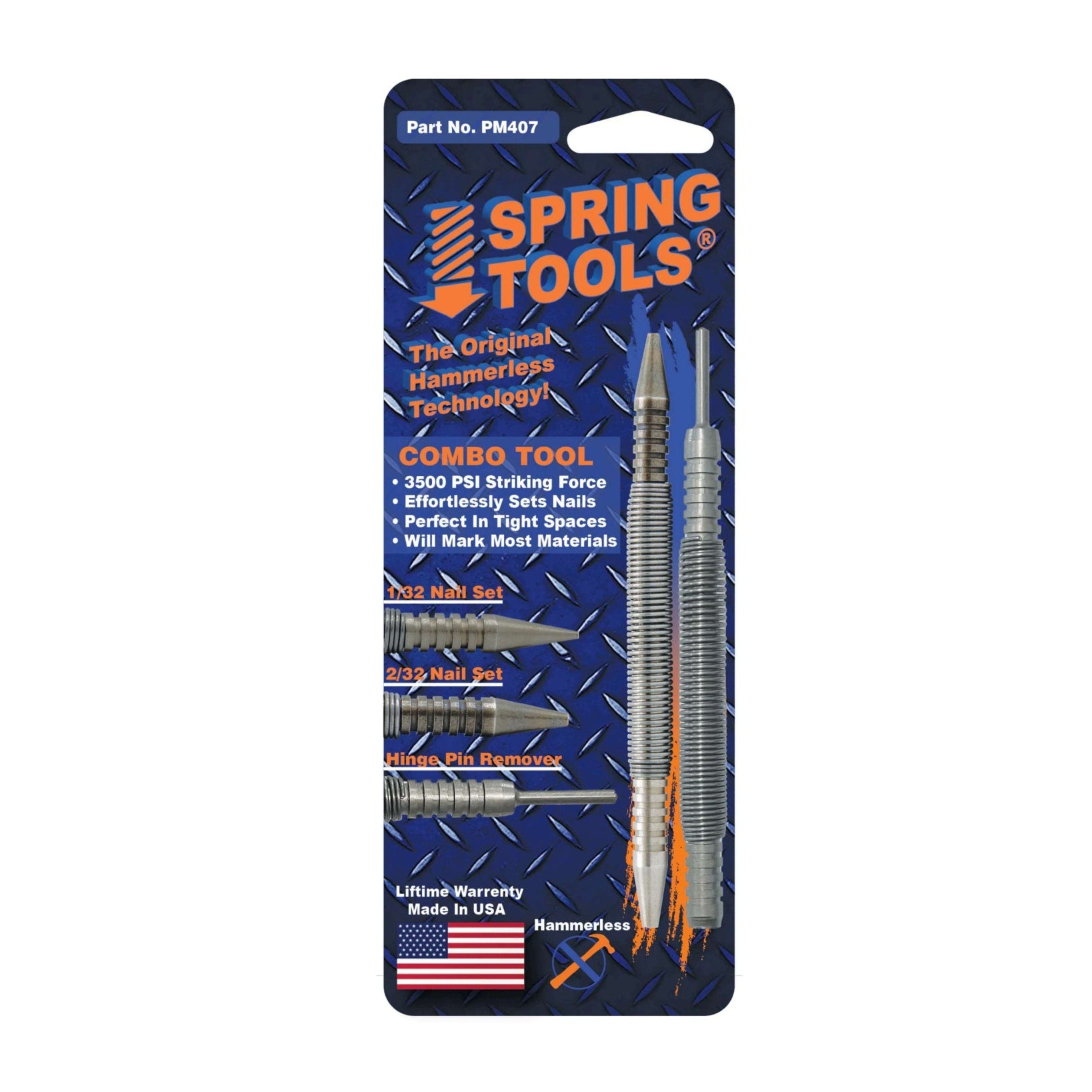 The SPRING TOOLS PM407 Paint Pro Pak includes 1/32 in. & 2/32 in. nail set and door pin removal tool, delivers 3500 PSI striking force, comes in blue and orange packaging, and is made in the USA.
