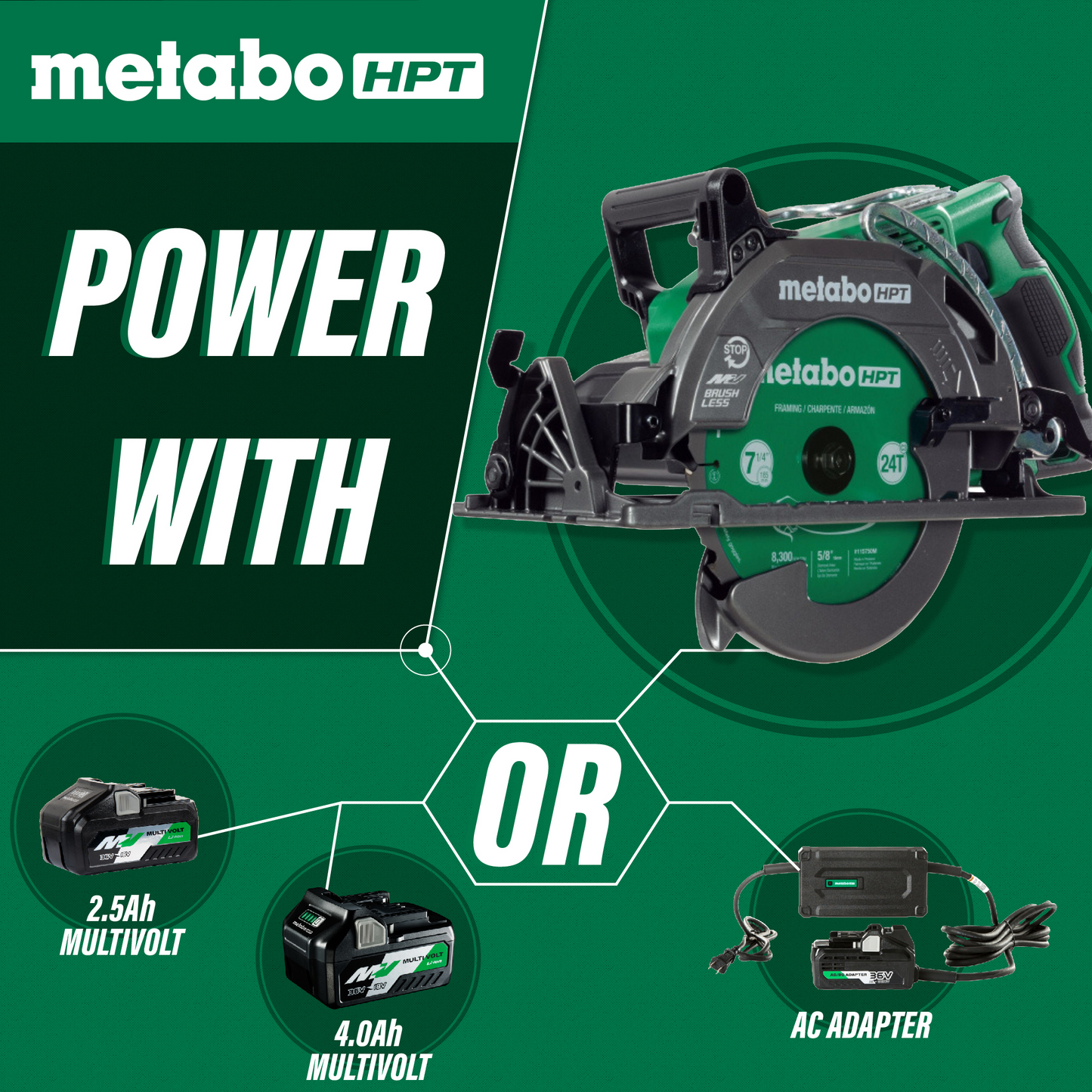 Graphic promoting the Go Build Metabo HPT C3607DWA 36V MultiVolt 7-1/4" Rear Handle Circular Saw, which runs on a 2.5Ah or 4.0Ah battery or AC adapter. Text: Power With and OR on green, highlighting the efficient brushless motor.
