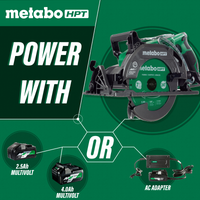 Graphic promoting the Go Build Metabo HPT C3607DWA 36V MultiVolt 7-1/4" Rear Handle Circular Saw, which runs on a 2.5Ah or 4.0Ah battery or AC adapter. Text: Power With and OR on green, highlighting the efficient brushless motor.