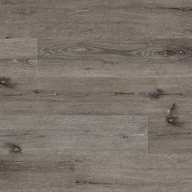 Close-up of MSI Cyrus Ludlow Luxury Vinyl Planks BOX (23.77 SQFT) in gray-brown, showcasing realistic wood grain and knots. Durable planks feature easy click-lock installation for a staggered, horizontal layout.