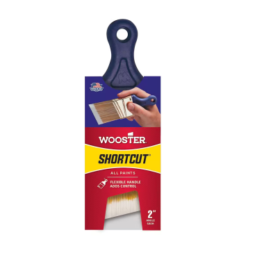 The package highlights the WOOSTER Q3212-2 paintbrush featuring a Shergrip Handle for better control, a 2-inch Nylon Angle Sash suitable for all paints, and an eye-catching red and yellow label.