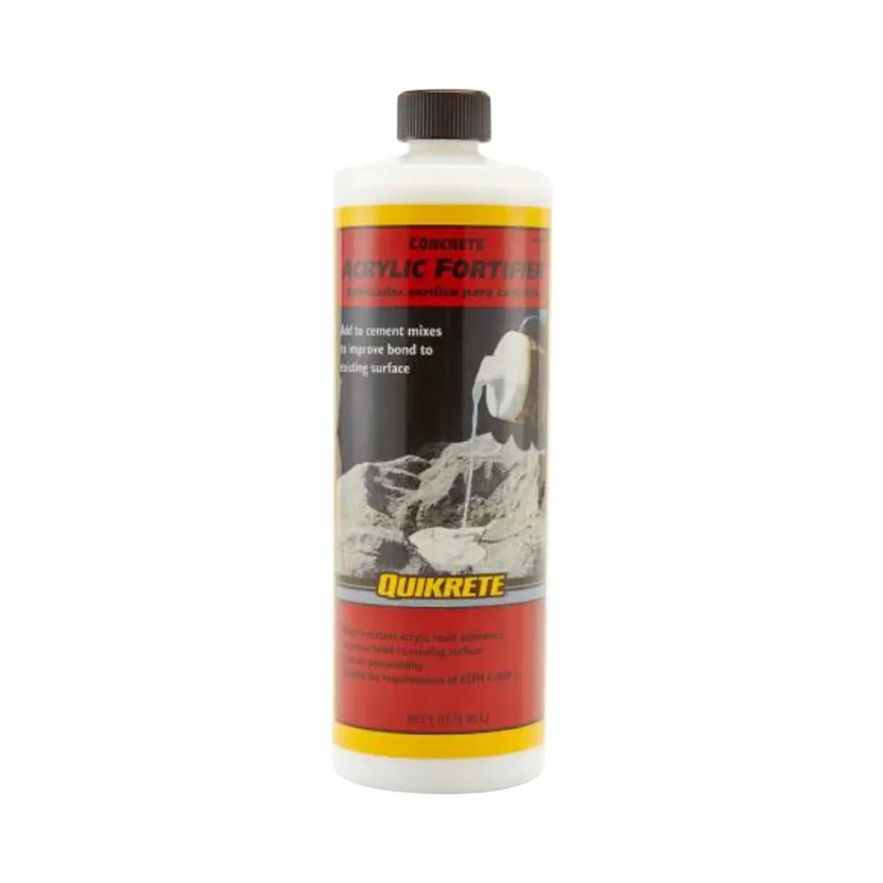A 1 qt. bottle of Go Build Acrylic Fortifier, a white liquid additive for cement mixes that boosts bond strength, with red and yellow labeling and an image of the product being poured onto concrete. Brand: The Fastest Way To Build.