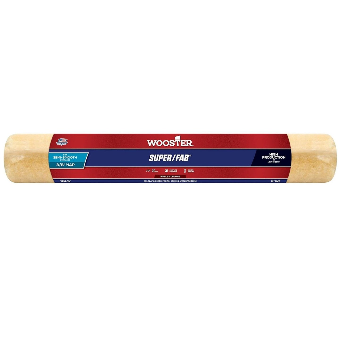 Introducing the WOOSTER R239-18 Super/Fab 18 in. x 3/8 in. Golden Yellow Knit Paint Roller Cover, ideal for achieving a smooth application on semi-smooth to smooth surfaces. It features light production fabric and comes packaged in red, white, and blue packaging.