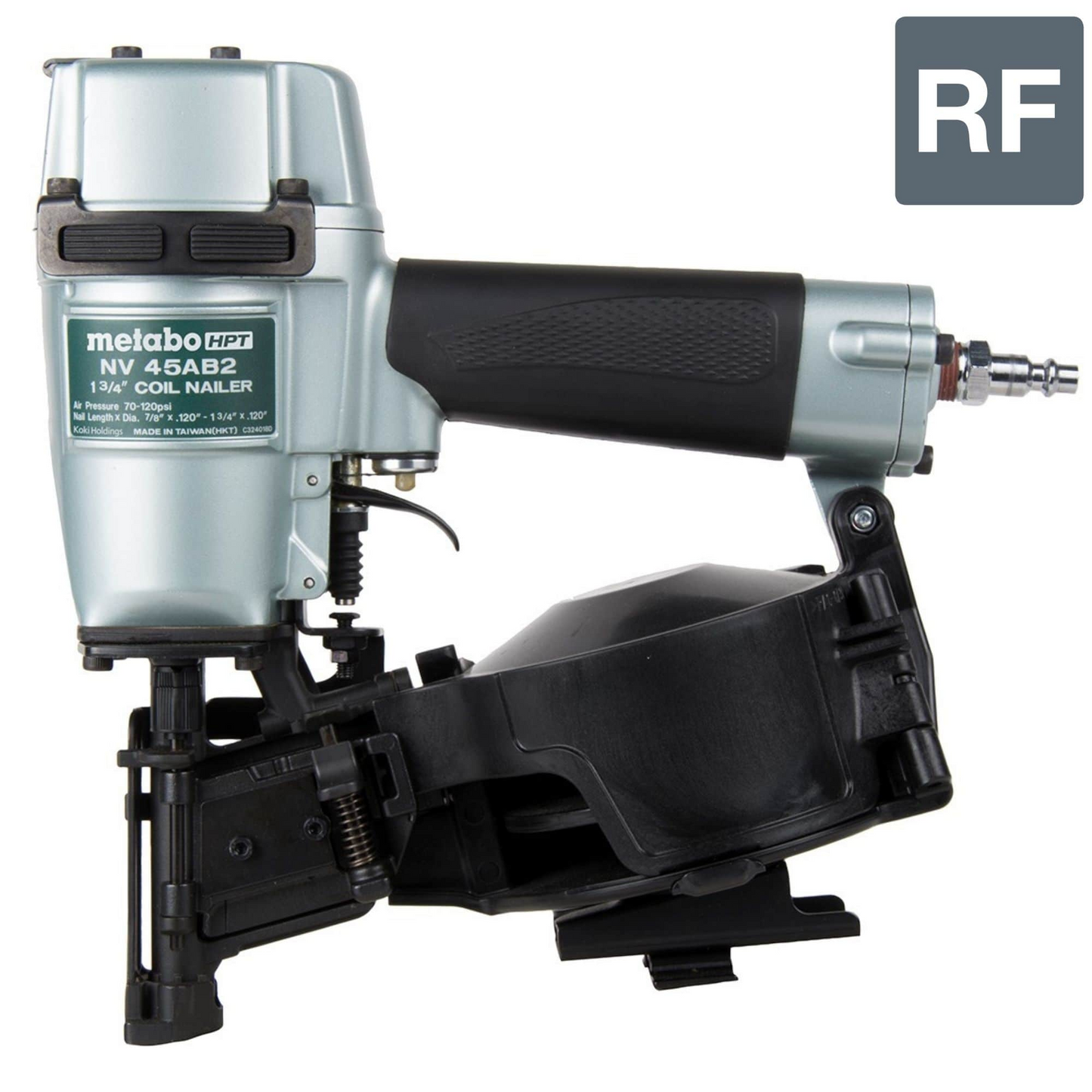 A silver and black Go Build Metabo HPT NV45AB2 1-3/4 Inch Coil Roofing Nailer with a black handle and hose connector is displayed on a white background with a gray RF icon, offering lightweight, precise, and efficient roofing performance.