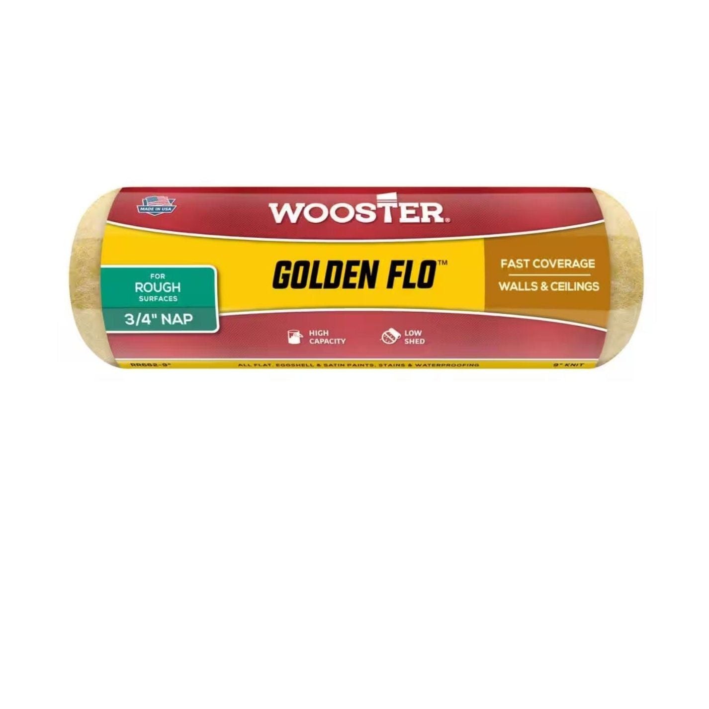 The WOOSTER Golden Flo 9 in. High Capacity Yellow Knit Paint Roller Cover features a 3/4 inch nap for rough surfaces. It excels at rapid coverage on walls and ceilings while ensuring low shed performance.