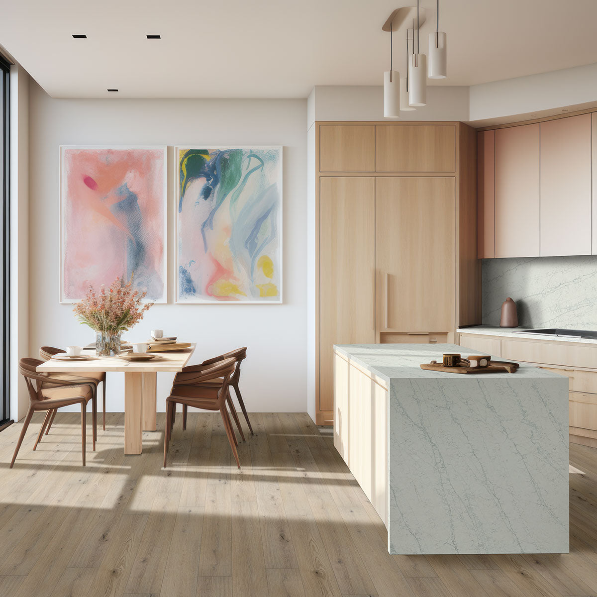Modern kitchen with light wood cabinets, marble island, and matching backsplash. Features MSI Cyrus Runmill Isle Luxury Vinyl Planks (23.77 sq ft/box) for waterproof, durable flooring, plus a round dining table by large pastel abstract paintings.