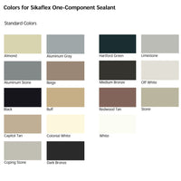 The Colors for Sikaflex One-Component Sealant swatch chart features 18 standard colors like Almond, Aluminum Gray, and Hartford Green. These are perfect for construction applications and complement the Sika Sikaflex 15LM Elastomeric Sealant 10.1 oz in versatile projects.