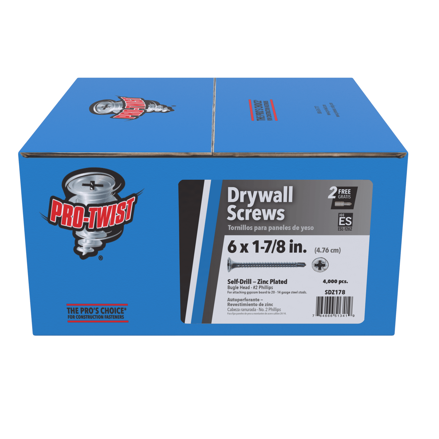 A blue Pro-Twist box of 8,000 SDZ178 #6 x 1-7/8 inch zinc-plated self-drill drywall screws with Phillips bugle head is ideal for contractors installing gypsum, offering professional quality.