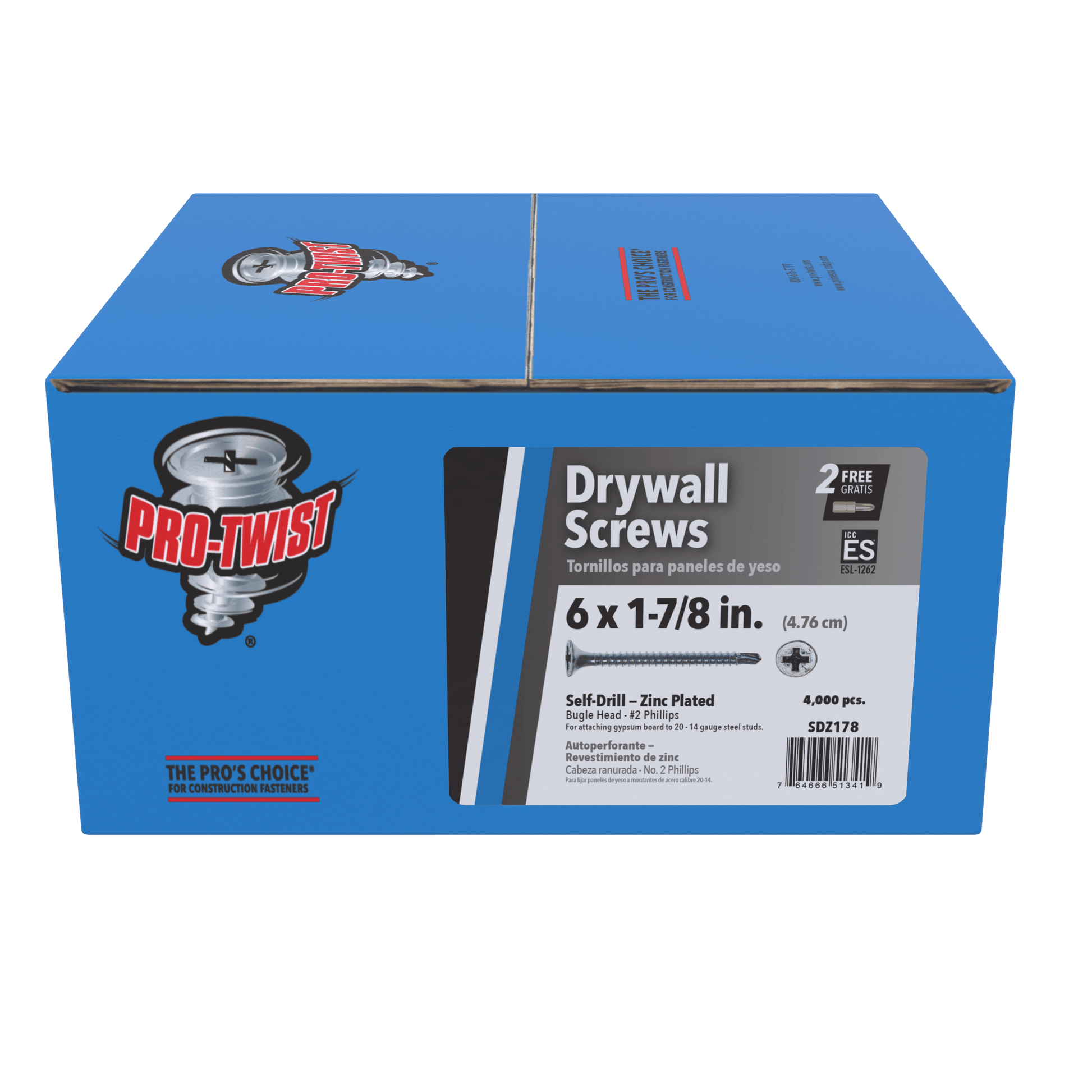A blue Pro-Twist box of 8,000 SDZ178 #6 x 1-7/8 inch zinc-plated self-drill drywall screws with Phillips bugle head is ideal for contractors installing gypsum, offering professional quality.