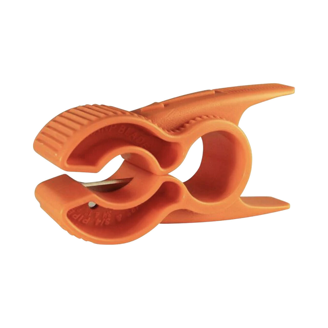 A Go Build 1/2 in. - 1 in. Pipe Cutter, shown closed with textured orange plastic grips on a white background—perfect for use with tools like a PEX pipe cutter or Sharkbite pipe cutter.
